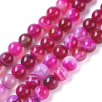 Natural Striped Agate/Banded Agate Beads Strands, Dyed & Heated, Round, Hot Pink, 4mm, Hole: 0.5mm, about 91~93pcs/strand, 14.96 inch(38cm)