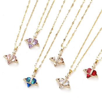 Heart with Cross Light Gold Brass Micro Pave Cubic Zirconia Pendant Necklaces, with Glass, Mixed Color, 15.98 inch(40.6cm)