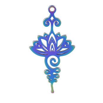 Stainless Steel Pendants, Lotus Charms, Rainbow Color, 34x17x1.5mm, Hole: 1.2mm