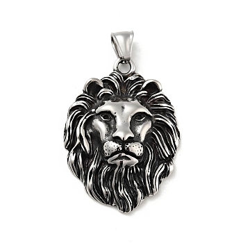 304 Stainless Steel Pendants, Lion, Antique Silver, 46.5x33.5x9mm, Hole: 4x6mm