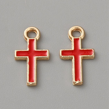 Alloy Enamel Pendants, Cross Charm, Golden, Red, 15.5x8.5x1mm, Hole: 2mm