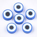 Handmade Polymer Clay Beads, Flat Round with Eye, Royal Blue, 10.5x4~4.5mm, Hole: 1.4~1.6mm(X-CLAY-S092-35)