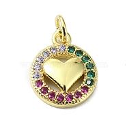 Brass Micro Pave Colorful Cubic Zirconia Pendants, with Jump Ring, Flat Round with Heart Charm, Real 18K Gold Plated, 15x11.5x3mm, Hole: 3mm(KK-H475-14G-06)