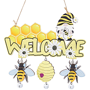 Bee Wood Hanging Welcome Sign, with Jute Rope and Iron Bell, for Front Door Wall Decoration, Yellow, 373mm(HJEW-WH0071-01)