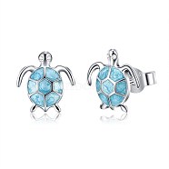 925 Sterling Silver Stud Earrings, with Epoxy and Ear Nuts, Tortoise, Sky Blue, Platinum, 10.5x10mm(EJEW-BB67057)