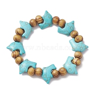 Beach Dolphin Dye Synthetic Turquoise Beaded Stretch Barcelets, Summer Wood Beaded Stretch Bracelets for Women, Turquoise, Inner Diameter: 2~2-1/8 inch(5.15~5.25cm), Bead: 7x8~8.5mm, Dolphin: 12x19.5mm(BJEW-JB10292-01)