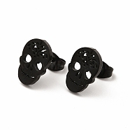 Halloween Skull with Flower 304 Stainless Steel Stud Earrings for Women, Electrophoresis Black, 12x8mm, Pin: 0.7mm(EJEW-B019-05EB)