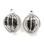 Natural Black Tourmaline Pendants, Ball Charms with Rack Plating Platinum Plated Brass Findings, Lead Free & Cadmium Free, 32.5~33.5x28.5~30.5x24~26.5mm, Hole: 8.5x5mm(G-H293-03P-02)