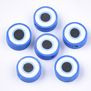 Handmade Polymer Clay Beads, Flat Round with Eye, Royal Blue, 10.5x4~4.5mm, Hole: 1.4~1.6mm(X-CLAY-S092-35)
