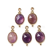 Natural Amethyst Faceted Pendans, Golden Plated Brass Oval Charms, 20.5x9.5x5.5mm, Hole: 1.7mm(KK-L218-003G-02)