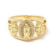 Clear Cubic Zirconia Virgin Mary with Flower Finger Rings, Brass Wide Band Ring for Women, Cadmium Free & Nickel Free & Lead Free, Real 18K Gold Plated, US Size 7 3/4(17.9mm)(KK-H434-15G)