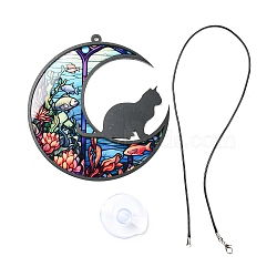 Opaque Acrylic Big Pendants, Leather Strap with Plastic Accessories, Moon with Cat, Colorful, 127x120x3.5mm, Hole: 4mm(MACR-D084-01B)