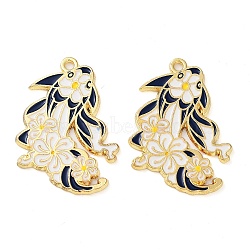 Rack Plating Alloy Enamel Pendants, Golden, Fish with Flower Charm, Prussian Blue, 33x23x1.5mm, Hole: 2mm(FIND-Q099-03B-03)