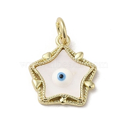 Evil Eye Enamel Shell Pendants, Brass Star Charms with Jump Rings, Real 18K Gold Plated, White, 17x15x3.6mm, Hole: 3.7mm(KK-E092-26G-02)