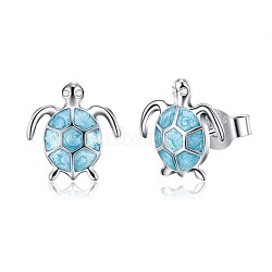 925 Sterling Silver Stud Earrings, with Epoxy and Ear Nuts, Tortoise, Sky Blue, Platinum, 10.5x10mm(EJEW-BB67057)