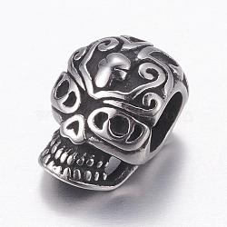 304 Stainless Steel European Beads, Large Hole Beads, Skull, Antique Silver, 12x8x9mm, Hole: 4mm(STAS-P173-096AS)