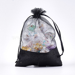 Organza Bags, with Burlap Cloth, Drawstring Bags, Rectangle, Black, 17~18x12.4~13cm(OP-T004-01B-01)