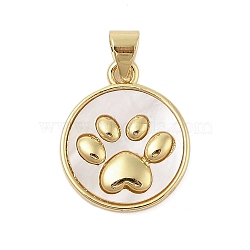 Dog Paw Print Rack Plating Brass with Natural Shells Pendants, Long-Lasting Plated, Lead Free & Cadmium Free, Real 18K Gold Plated, 18x15x2.5mm, Hole: 3.5x5mm(KK-Z074-25G)