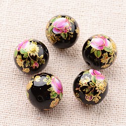 Flower Picture Printed Glass Round Beads, Black, 12mm, Hole: 1mm(GLAA-J087-12mm-A09)