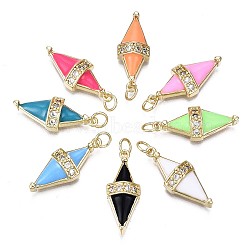 Brass Micro Pave Clear Cubic Zirconia Pendants, with Enamel and Jump Rings, Cadmium Free & Nickel Free & Lead Free, Real 16K Gold Plated, Rhombus, Mixed Color, 25x10x5.5mm, Jump Ring: 4.8x0.6mm, 3.6mm inner diameter(ZIRC-S067-018-NR)
