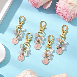 26Pcs 26 Styles Flat Round with Letter A~Z Alloy Enamel Pendant Decorations, Natural Rose Quartz & Synthetic Moonstone Beads Charms for Backpack Ornament, Golden, 57mm, 1pc/style(HJEW-JM02515)