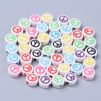 Opaque White Acrylic Beads, Flat Round with Mixed Color Peace Sign, 6.5x3.5mm, Hole: 1.6mm, about 3600pcs/500g