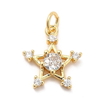 Rack Plating Brass Cubic Zirconia Pendants, Star Charms, Long-Lasting Plated, with Jump Rings, Cadmium Free & Lead Free, Real 18K Gold Plated, 15x13x3.5mm, Hole: 3.5mm