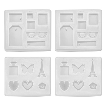 4Pcs 2 Style Pendant Silicone Molds, Resin Casting Molds, For UV Resin, Epoxy Resin Jewelry Making, Rectangle with Heart & Flower & Butterfly & Tower & Bottle & Rectangle & Square & Glasses Shapes, White, 78~80x88~90x8~11mm, 2pcs/style