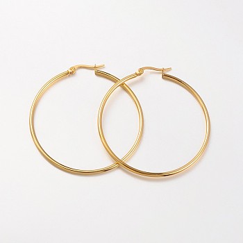 304 Stainless Steel Hoop Earrings, Hypoallergenic Earrings, Ring Shape, Real 18K Gold Plated, 50x2mm, 12 Gauge, Pin: 1x0.7mm