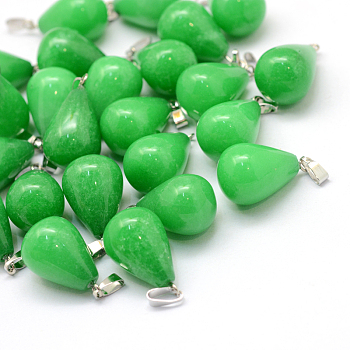 Teardrop Natural Malaysia Jade Pendants, with Platinum Tone Brass Findings, 21~24x12~14mm, Hole: 2x7mm