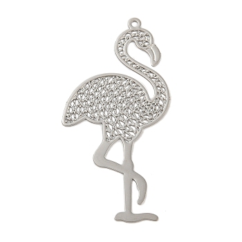 Brass Etched Metal Embellishments Pendants, Long-Lasting Plated, Flamingo Shape, Platinum, 44x21x0.3mm, Hole: 1.4mm