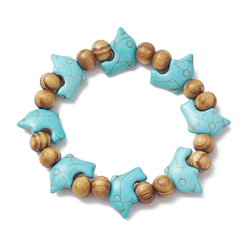 Beach Dolphin Dye Synthetic Turquoise Beaded Stretch Barcelets, Summer Wood Beaded Stretch Bracelets for Women, Turquoise, Inner Diameter: 2~2-1/8 inch(5.15~5.25cm), Bead: 7x8~8.5mm, Dolphin: 12x19.5mm