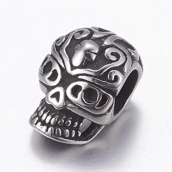 304 Stainless Steel European Beads, Large Hole Beads, Skull, Antique Silver, 12x8x9mm, Hole: 4mm