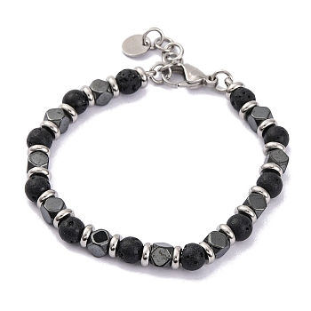 Natural Lava Rock & Magnetic Synthetic Hematite Round Beaded Bracelet, 8-1/4 inch(21cm)