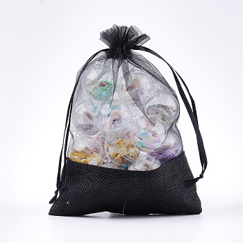 Organza Bags, with Burlap Cloth, Drawstring Bags, Rectangle, Black, 17~18x12.4~13cm