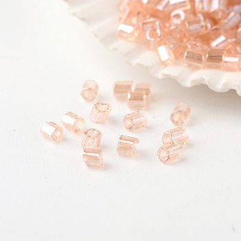 Grade A Glass Seed Beads, Hexagon(Two Cut), Transparent Colours Lustered, Light Salmon, 2~3x1.5~2mm, Hole: 0.5mm, about 37500pcs/pound