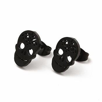 Halloween Skull with Flower 304 Stainless Steel Stud Earrings for Women, Electrophoresis Black, 12x8mm, Pin: 0.7mm
