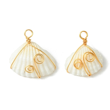 Natural Shell Copper Wire Wrapped Pendants, Shell Shaped Charms, Light Gold, Floral White, 21~26x21~26.5x8~10.5mm, Hole: 3mm