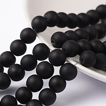 Transparent Glass Bead Strands, Frosted, Round, Black, 8mm, Hole: 1~1.6mm, about 99pcs/strand, 31.4 inch