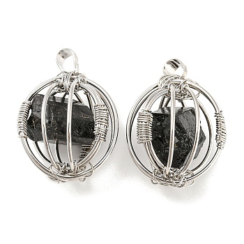 Natural Black Tourmaline Pendants, Ball Charms with Rack Plating Platinum Plated Brass Findings, Lead Free & Cadmium Free, 32.5~33.5x28.5~30.5x24~26.5mm, Hole: 8.5x5mm