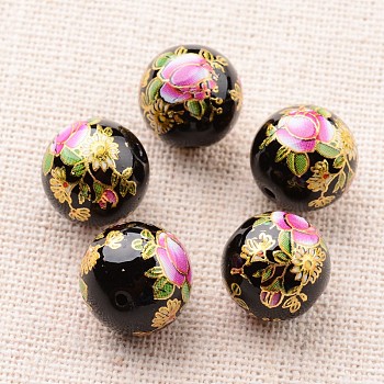 Flower Picture Printed Glass Round Beads, Black, 12mm, Hole: 1mm