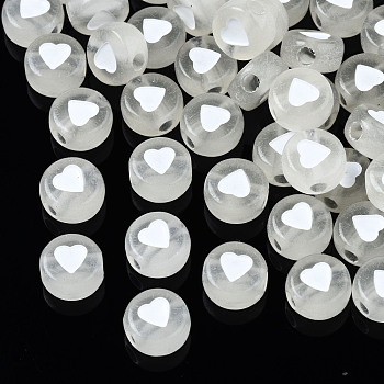 Luminous Acrylic Beads, Glow in the Dark, Flat Round with Heart, White, 7x3.5mm, Hole: 1.8mm, about 3700pcs/500g