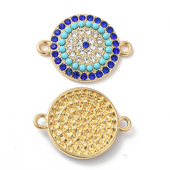 Rack Plating Alloy Rhinestone Connector Charms, with Resin, Flat Round Links, Golden, Capri Blue, 17.5x23.5x3mm, Hole: 1.7mm