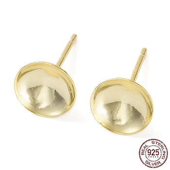 925 Sterling Silver Stud Earring Findings, Flat Round Earring Settings, for Bead, with S925 Stamp, Real 18K Gold Plated, 13x8mm, Pin: 0.7mm