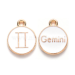 Alloy Enamel Pendants, Cadmium Free & Lead Free, Flat Round with Constellation, Light Gold, White, Gemini, 22x18x2mm, Hole: 1.5mm(X-ENAM-S124-01A-04I)