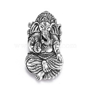 Tibetan Style Alloy Pendants, Hindu Elephant God Lord Ganesh Statue, Lead Free & Nickel Free & Cadmium Free, Thailand Sterling Silver Plated, 44x24x11mm, Hole: 8mm(X-TIBEP-T002-113TAS-NR)