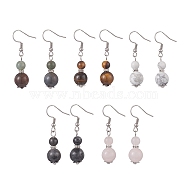 Natural Mixed Gemstone Gourd Dangle Earrings, 304 Stainless Steel Jewelry for Women, 40mm, Pin: 0.6mm(EJEW-JE05259)