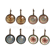Flower Pattern Glass Cabochon Brass Leverback Earrings, Mixed Color, 33x22x5.5mm, Pin: 0.9mm(EJEW-JE01721)