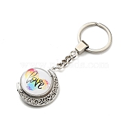 Pride Rainbow Alloy Glass Keychain, with Iron Key Rings, Rotatable, Flat Round with Moon, Word, 10.45cm(KEYC-E036-02P-02)