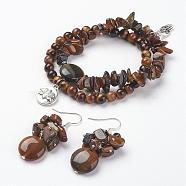Tiger Eye Beads Wrap Bracelets and Earrings Jewelry Sets, with Tibetan Style Findings, and Brass Earring Hooks, with Burlap Packing Pouches Drawstring Bags, BurlyWood, 2 inch~2-1/8 inch(52~54mm),  48mm, pin: 0.8mm(SJEW-JS00905-02)